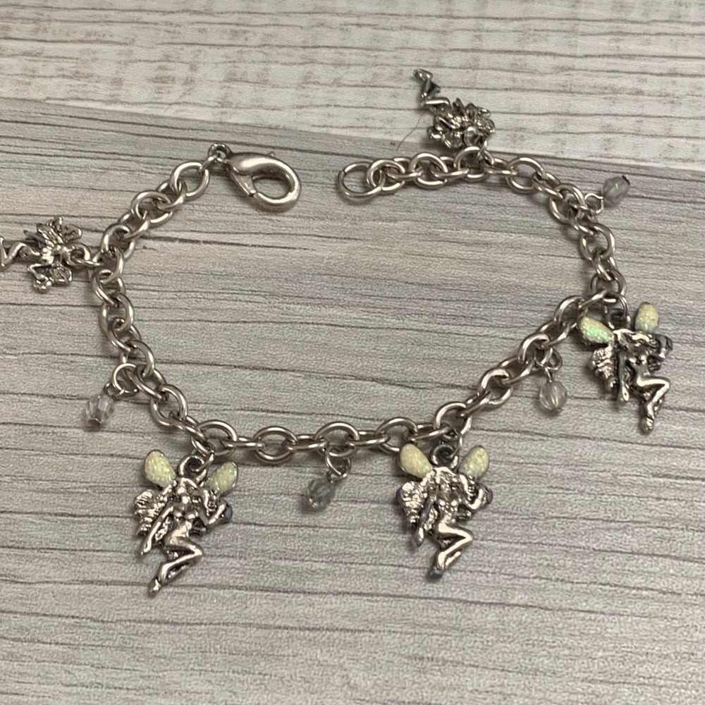 Vintage Silver Tone Fairy Charm Bracelet Glitter Wing Y2K Cottagecore Jewelry